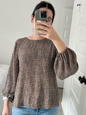 Ann Taylor Brown and Black Printed Puff-Sleeve Blouse